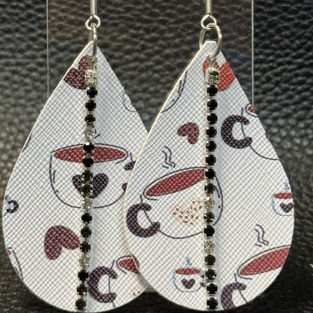 Handmade teardrop shaped, coffee themed faux leather earrings with rhinestones
